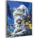 Снежный барс и ирисы в горах Животные Леопард Природа Цветы Лето Яркая 100х125 Раскраска картина по номерам на холсте