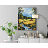 5 Пейзаж с домами и желтыми цветами Природа Деревня Лес Лето Река Вода 100х125 Раскраска картина по номерам на холсте