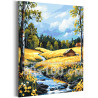 Пейзаж с домами и желтыми цветами Природа Деревня Лес Лето Река Вода 80х100 Раскраска картина по номерам на холсте