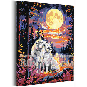 Волки при луне Животные Пара Любовь Лес Природа Пейзаж Фэнтези 80х100 Раскраска картина по номерам на холсте