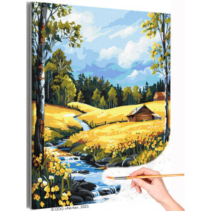1 Пейзаж с домами и желтыми цветами Природа Деревня Лес Лето Река Вода Раскраска картина по номерам на холсте
