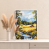 4 Пейзаж с домами и желтыми цветами Природа Деревня Лес Лето Река Вода Раскраска картина по номерам на холсте