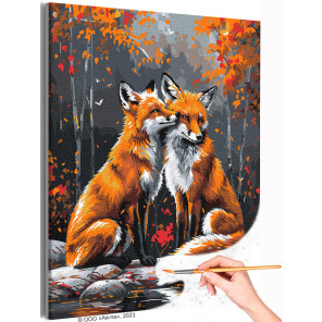 1 Влюбленные лисы в осеннем лесу Животные Лиса Лисичка Пара Любовь Романтика Раскраска картина по номерам на холсте