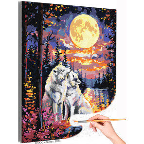 1 Волки при луне Животные Пара Любовь Лес Природа Пейзаж Фэнтези Раскраска картина по номерам на холсте