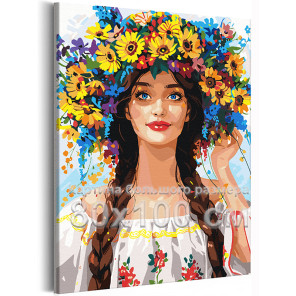 Портрет девушки с летними цветами Люди Женщина Лицо Голубые Глаза Яркая 80х100 Раскраска картина по номерам на холсте