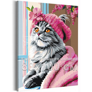 Кошка у окна с цветами Животные Котики Коты Котята Мем Яркая Интерьерная 80х100 Раскраска картина по номерам на холсте