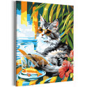 Котик с рыбой на пляже Животные Кошки Котята Мем Море Океан Лето Еда Для кухни 100х125 Раскраска картина по номерам на холсте