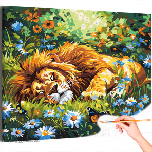 1 Лев спящий на поляне с цветами Животные Хищники Природа Лето Раскраска картина по номерам на холсте