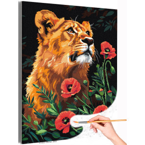 1 Портрет львицы с маками Животные Хищники Лев Львенок Цветы Раскраска картина по номерам на холсте