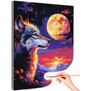 1 Волк и луна на закате Животные Тотем Природа Горы Пейзаж Фэнтези Яркая Раскраска картина по номерам на холсте