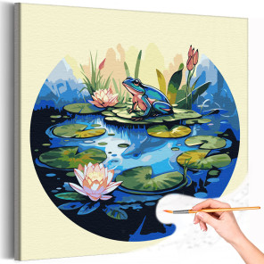 1 Лягушка в озере с лотосами Животные Цветы Вода Раскраска картина по номерам на холсте