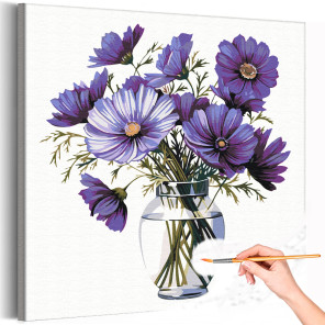 1 Фиолетовая космея в вазе Цветы Натюрморт Букет Интерьерная Раскраска картина по номерам на холсте