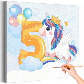 1 Радужный единорог с цифрой пять Коллекция Сute unicorn Праздник Для девочек Детские Для детей Небо Раскраска картина по номера