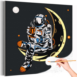 1 Космонавт на месяце с чашкой Космос Люди Кофе Раскраска картина по номерам на холсте