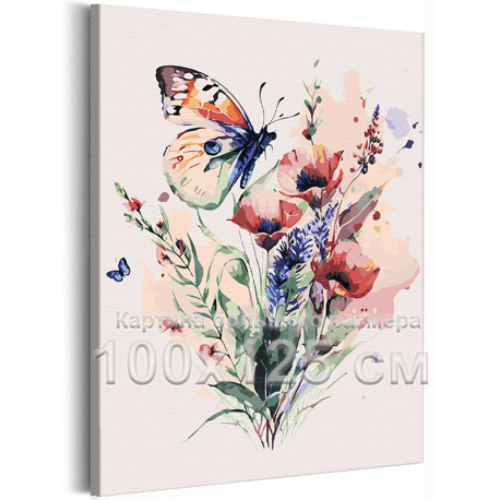 Букет маков и бабочка Природа Цветы Лето Яркая Интерьерная 100х125 Раскраска картина по номерам на холсте