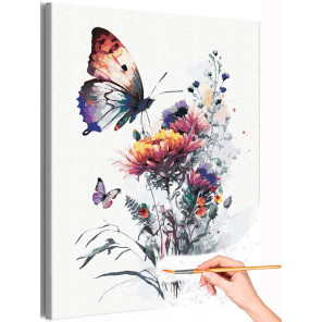 1 Осенние цветы и бабочка Природа Букет Астры Яркая Интерьерная Раскраска картина по номерам на холсте