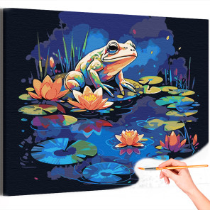 1 Лягушка в озере с лотосами на рассвете Животные Цветы Вода Раскраска картина по номерам на холсте