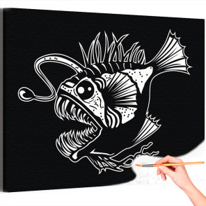 1 Рыба удильщик Животные Черно белая Стильная Интерьерная Раскраска картина по номерам на холсте