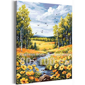 Пейзаж с цветами и березовым лесом Природа Лето Деревья Река Птицы 80х100 Раскраска картина по номерам на холсте