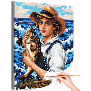 1 Молодой мужчина на рыбалке Люди Рыбак Большая рыба Для кухниРека Природа Романтика Стильная Интерьерная Раскраска картина по н