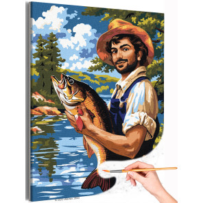 1 Мужчина на рыбалке Люди Рыбак Большая рыба Для кухни Река Природа Романтика Стильная Интерьерная Раскраска картина по номерам 