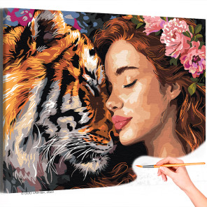 1 Портрет девушки с цветами и тигра Животные Люди Тотем Принцессы Фэнтези Раскраска картина по номерам на холсте