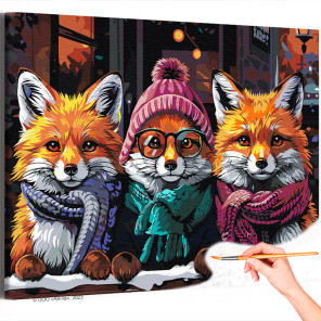 1 Три стильных лисы Животные Лисичка Лисенок Пара Друзья Мем Яркая Осень Раскраска картина по номерам на холсте