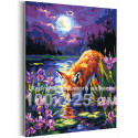 Лиса на пруду с ирисами Животные Лисичка Рыжая Пейзаж Природа Цветы Лунная ночь Яркая 100х125 Раскраска картина по номерам на холсте