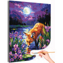Лиса на пруду с ирисами Животные Лисичка Рыжая Пейзаж Природа Цветы Лунная ночь Яркая Раскраска картина по номерам на холсте