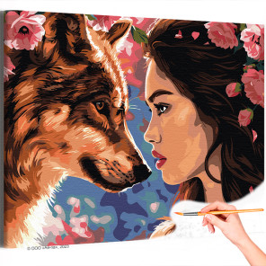 1 Портрет девушки с цветами и волка Животные Люди Тотем Принцессы Фэнтези Раскраска картина по номерам на холсте