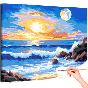  Луна и рассвет на море Пейзаж Природа Океан Вода Пляж Турция Интерьерная Раскраска картина по номерам на холсте AAAA-ST0087