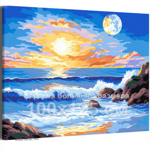 Луна и рассвет на море Пейзаж Природа Океан Вода Пляж Турция Интерьерная 100х125 Раскраска картина по номерам на холсте
