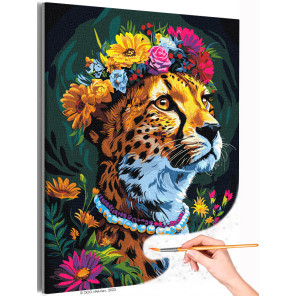  Портрет гепарда в цветах Животные Леопард Яркая Стильная Интерьерная Раскраска картина по номерам на холсте с неоновыми краскам