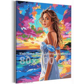 Влюбленная девушка у моря на закате Люди Океан Романтика Яркая Пляж 80х100 Раскраска картина по номерам на холсте