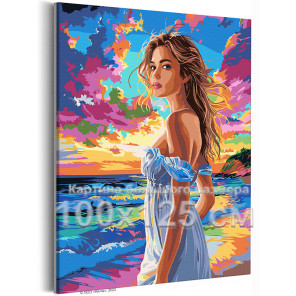 Влюбленная девушка у моря на закате Люди Океан Романтика Яркая Пляж 100х125 Раскраска картина по номерам на холсте