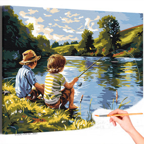  Мальчики на рыбалке Дети Пейзаж Природа Лето Деревня Река Раскраска картина по номерам на холсте AAAA-NK763