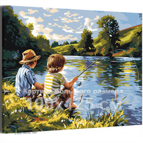 Мальчики на рыбалке Дети Пейзаж Природа Лето Деревня Река 100х125 Раскраска картина по номерам на холсте