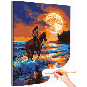  Девушка на лошади у моря Люди Животные Закат Океан Конь Романтика Яркая Лето Раскраска картина по номерам на холсте AAAA-NK766