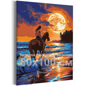 Девушка на лошади у моря Люди Животные Закат Океан Конь Романтика Яркая Лето 80х100 Раскраска картина по номерам на холсте
