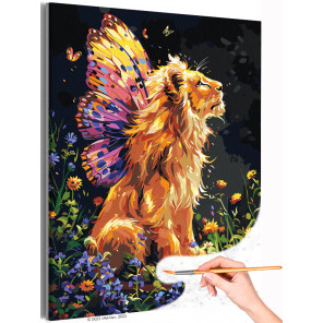 1 Лев с крыльями бабочки Животные Хищник Фэнтези Яркая Цветы Раскраска картина по номерам на холсте