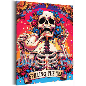 Скелет с льющимся чаем Таро Цветы Эзотерика Мем Чаепитие Яркая Плакат Для кухни 100х125 Раскраска картина по номерам на холсте с