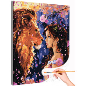1 Девушка и лев в цветущем саду Люди Портрет Животные Тотем Весна Фэнтези Раскраска картина по номерам на холсте