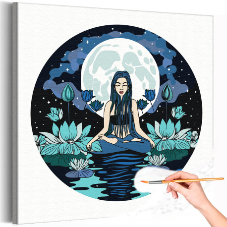1 Девушка с лотосами при полной луне Люди Природа Эзотерика Фэнтези Йога Ночь Раскраска картина по номерам на холсте