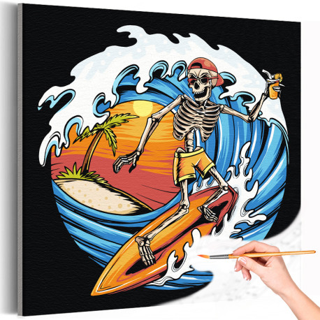 1 Скелет серфингист на волне Лето Море Океан Пляж Череп Раскраска картина по номерам на холсте