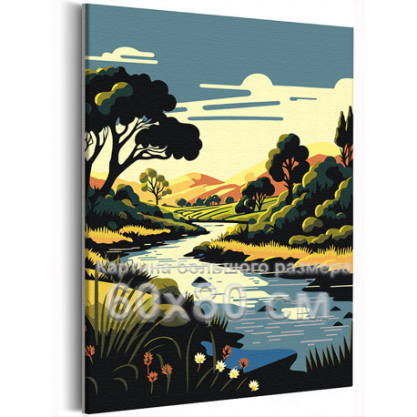 Весенняя река в низовье гор Пейзаж Природа Лес 60х80 Раскраска картина по номерам на холсте