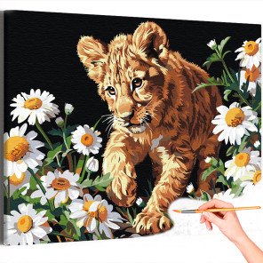1 Крадущийся львенок в ромашках Животные Лев Малыш Природа Цветы Раскраска картина по номерам на холсте