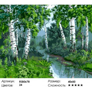 Количество цветов и сложность Речка в березовой роще Раскраска картина по номерам акриловыми красками на холсте