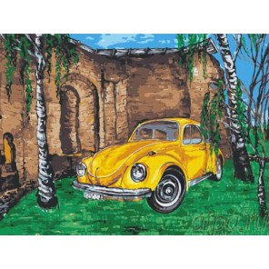 Желтое авто среди берез Раскраска картина по номерам на холсте Menglei
