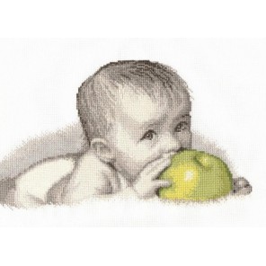 Пример оформления в рамке Малыш с яблоком Набор для вышивания Овен 511