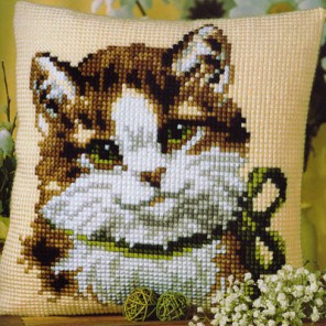 Кошка с зеленым бантом Набор для вышивания подушки VERVACO